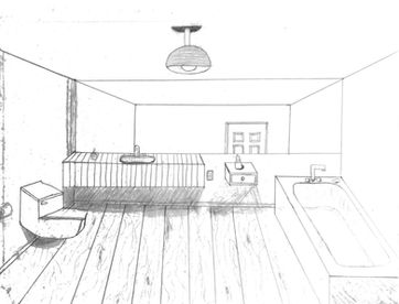 Hand-rendered bathroom interior featuring fixtures and wood flooring.