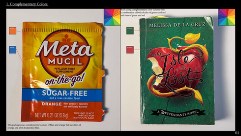 Presentation board analyzing complementary color schemes through product packaging, book covers, restaurant interiors, and campus signage with annotated color samples.