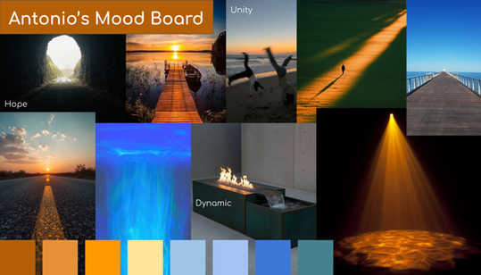 Mood board featuring sunsets, water, pathways, architectural lighting, and color swatches representing the project's emotional direction.