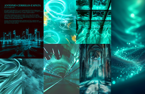 Digital mood board featuring turquoise-inspired architectural spaces, abstract light trails, water, and atmospheric imagery.