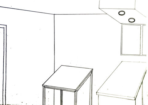 Hand-drawn kitchen interior perspective with cabinetry and work surfaces.
