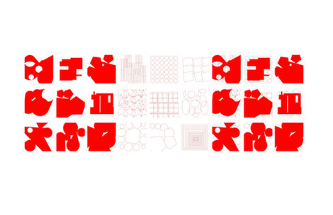 Matrix of abstract geometric compositions showing numerous formal transformations arranged in a structured grid.