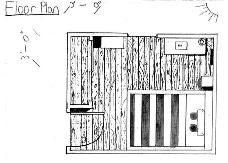 Hand-drawn floor plan with north and east interior elevation drawings.