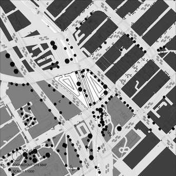 Black-and-white urban site map showing the triangular project site surrounded by streets, buildings, vehicles, transit routes, pedestrians, and trees.