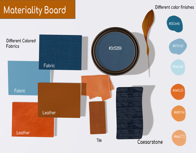 Material board displaying fabric samples, leather textures, tile, engineered stone, paint colors, and natural wood finishes.