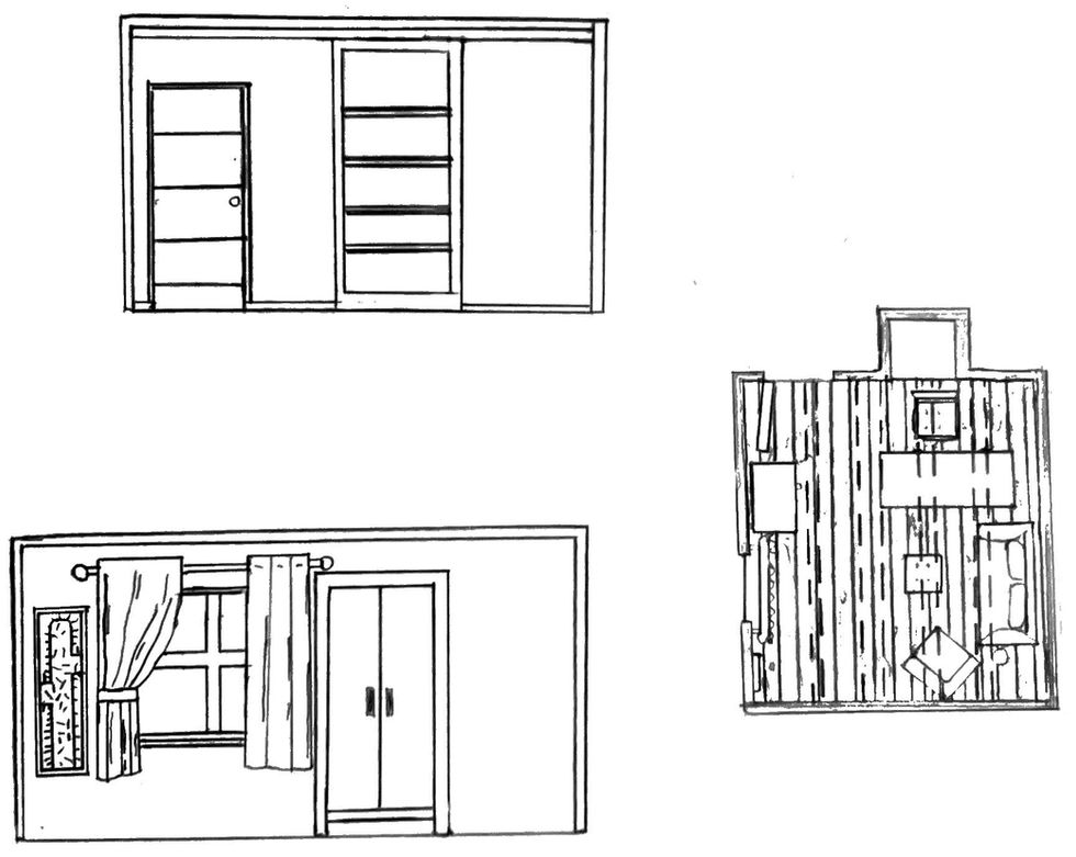 Interior floor plan and elevation drawings of a residential space.