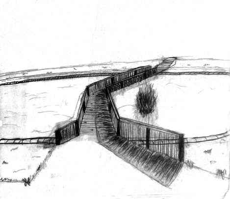 Graphite perspective drawing of a wooden boardwalk winding through an open natural landscape.