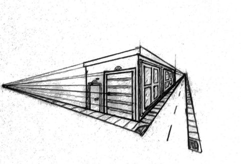 One-point perspective drawing of a retail building with garage, sidewalk, and receding streetscape.