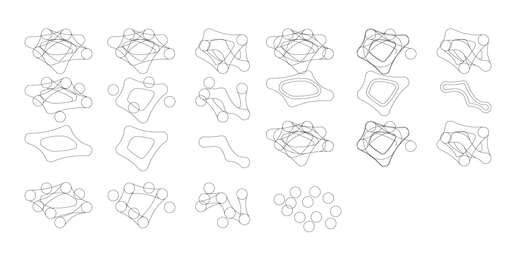 Series of abstract line diagrams showing organic perimeter shapes, circular program nodes, connecting paths, central openings, and alternate massing configurations.