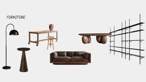Furniture board displaying shelving, tables, seating, lighting, and storage furniture selected for the ceramic's studio.
