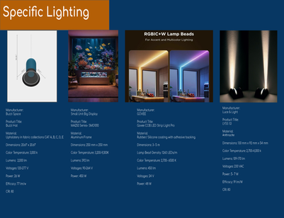 Specification board presenting selected lighting fixtures with manufacturer information, dimensions, lighting performance, and technical specifications.