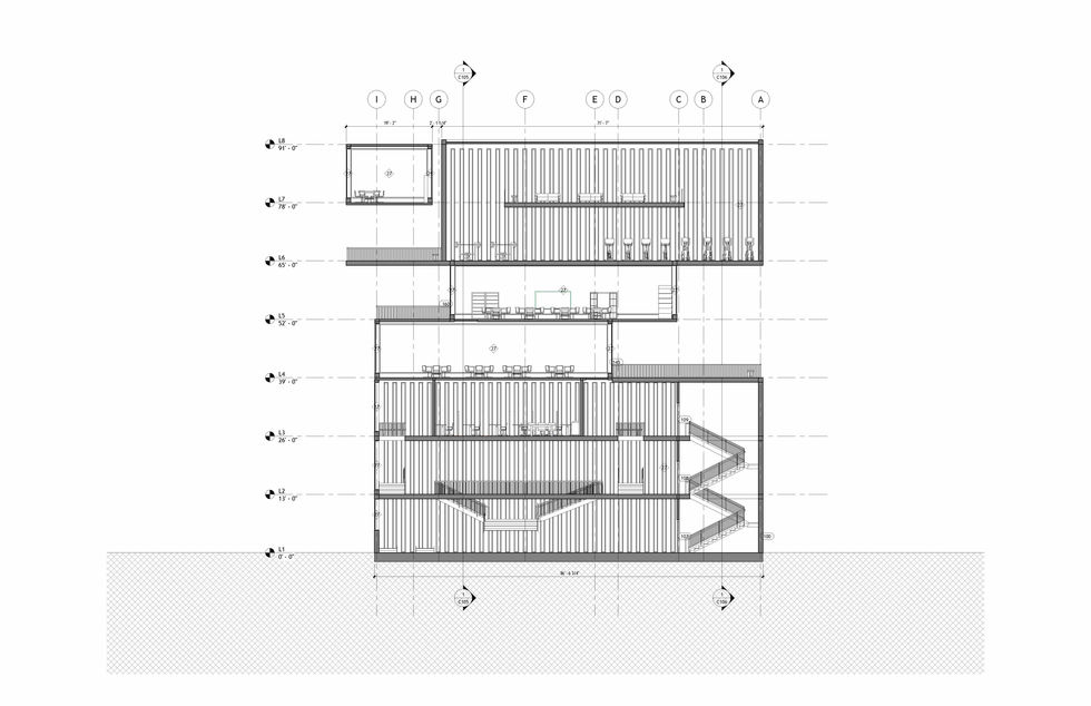Transverse Revit section through the Huri Learning Center showing central stairs, classrooms, open learning areas, vertical screening, floor levels, furniture, and multi-story circulation.