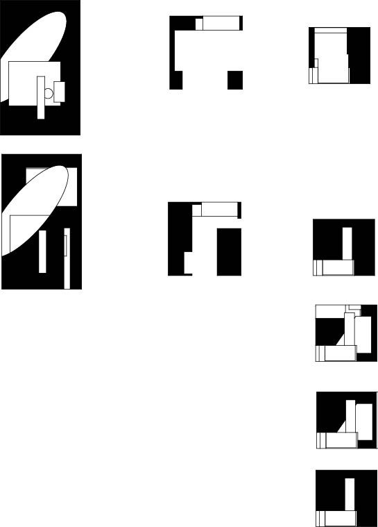 Series of black-and-white figure–ground compositions composed of abstract geometric arrangements emphasizing positive and negative space.