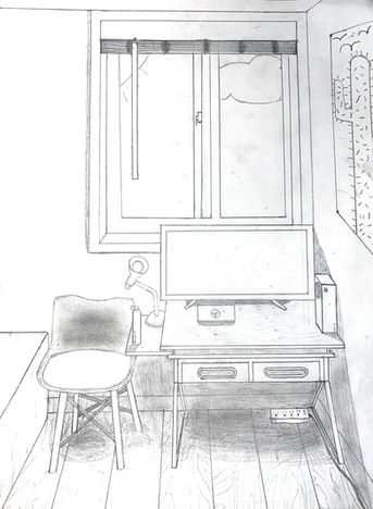 Perspective drawing of a home office with desk, chair, computer, window, and interior furnishings.