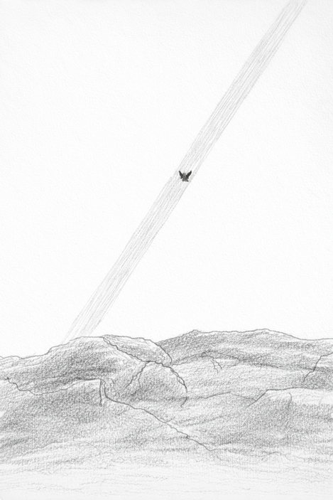 Minimal graphite landscape drawing with rocky terrain and a small bird flying through a wide-open sky.