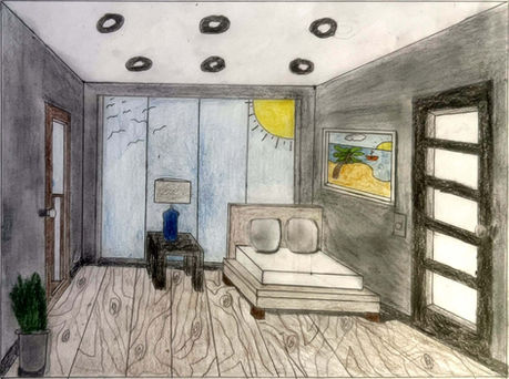 Colored perspective rendering of a contemporary bedroom.
