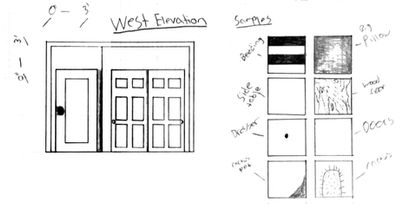 Hand-drawn west elevation with material sample studies for a residential interior.