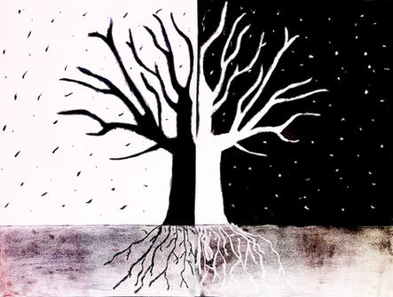 Black-and-white artwork depicting a tree divided into contrasting light and dark halves with mirrored roots.