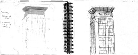 Sketchbook spread containing architectural form studies and massing diagrams exploring hierarchy and alignment principles.