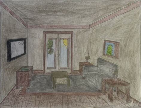 Perspective rendering of a residential living room interior.