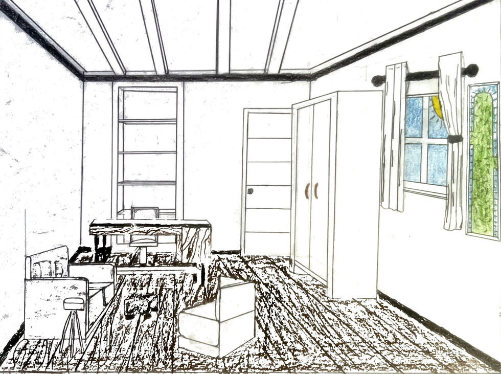 Hand-drawn bedroom office interior with furniture and daylight.