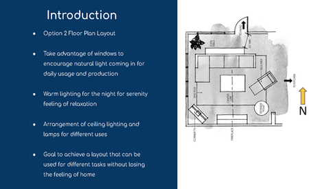 Presentation slide introducing a residential lighting proposal with floor plan layout, lighting goals, and conceptual design objectives.