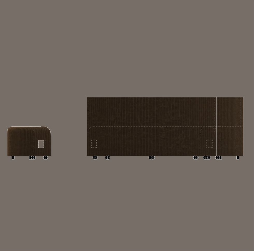 Front elevation drawing of a modular circular sofa showing overall proportions and construction.