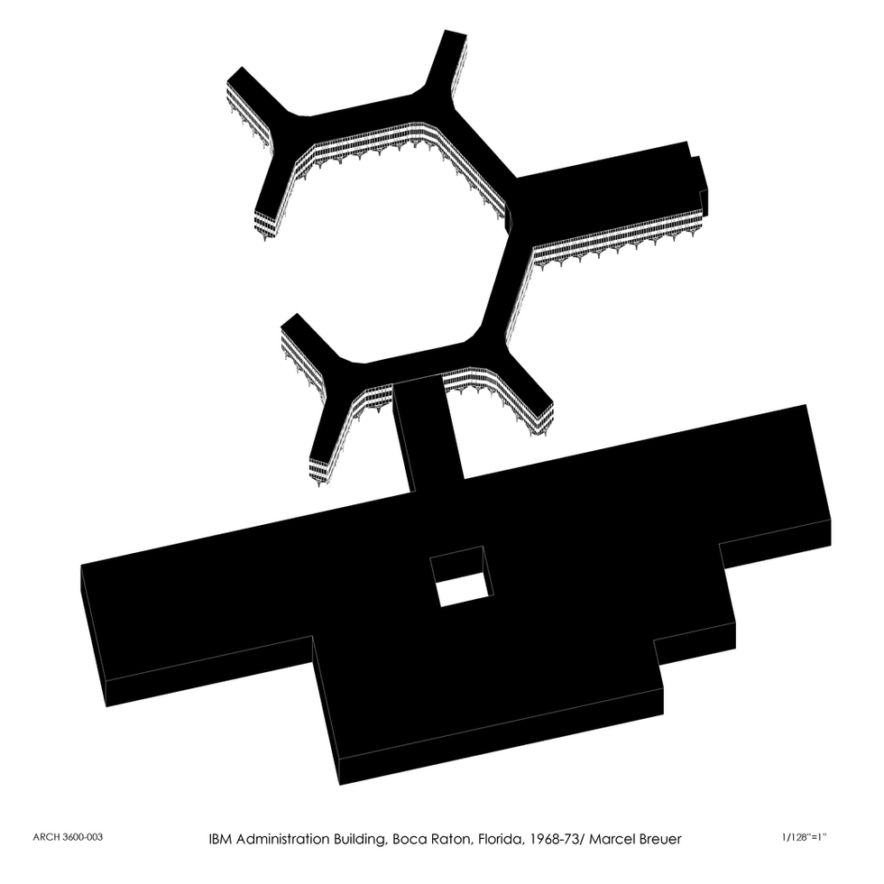 Building-scale analytical drawing of Marcel Breuer's IBM Administration Building highlighting architectural massing and organization.