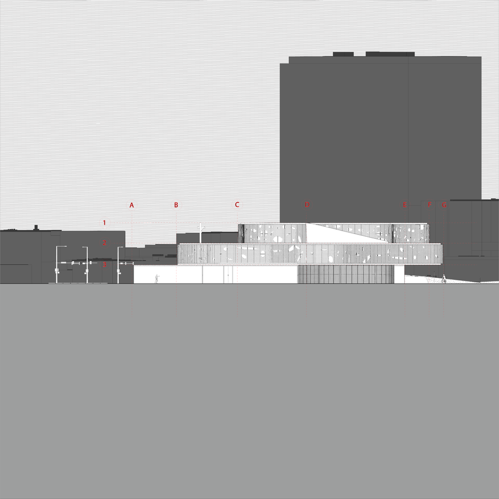 East architectural elevation illustrating the building's curvilinear form and perforated exterior façade.