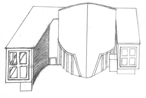 Perspective drawing of conceptual architectural forms connected by a curved circulation path.
