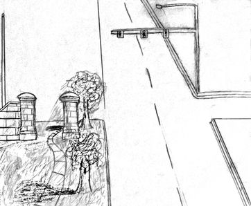 Perspective sketch of a street intersection with sidewalks, traffic lights, trees, and surrounding infrastructure.