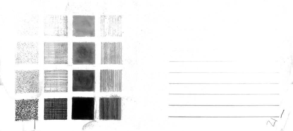 Graphite value scale and texture studies demonstrating tonal variation and mark-making techniques.