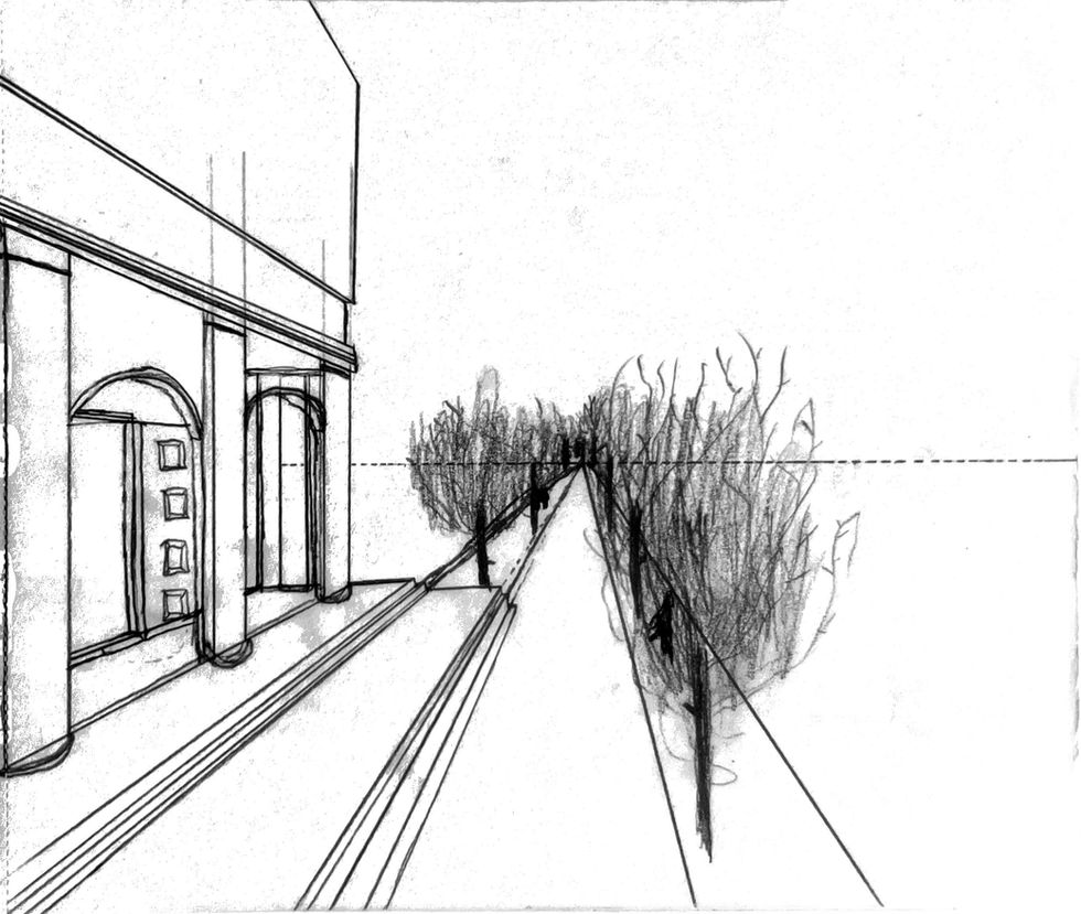 Perspective drawing of an urban sidewalk lined with architectural façades and trees extending toward a vanishing point.