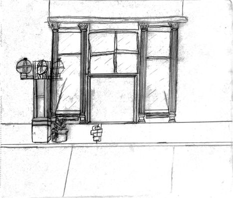 Graphite drawing of a classical building façade featuring columns, windows, and architectural detailing.