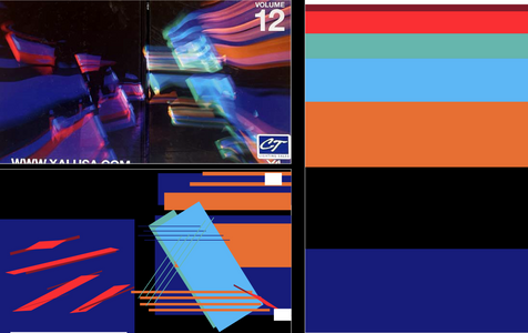 Abstract composition featuring layered geometric forms and bold blue, orange, cyan, and red color fields alongside a color palette study demonstrating balance, proportion, and contrast.