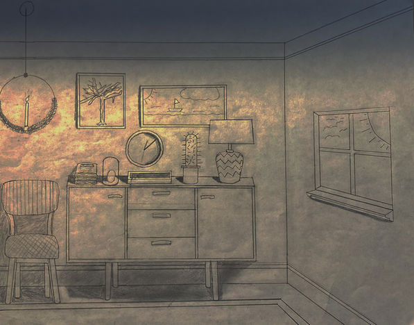 Digital rendering of an interior space featuring furniture, artwork, lighting fixtures, and decorative accessories.