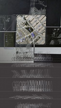 Composite analytical drawing with a mapped urban site above and repeated line drawings of athletic body movements arranged in horizontal sequences below.