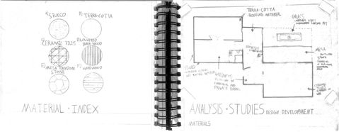 Sketchbook page showing material texture studies alongside architectural design development diagrams and annotated material selections.