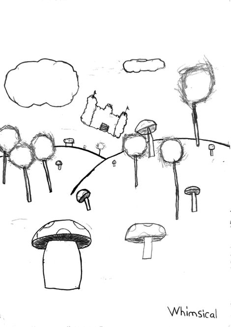 Illustrated whimsical landscape featuring stylized trees, mushrooms, and a floating castle.