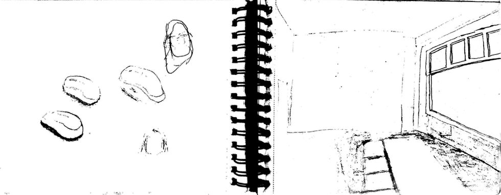 Sketchbook page with conceptual studies, abstract forms, and an interior perspective drawing.