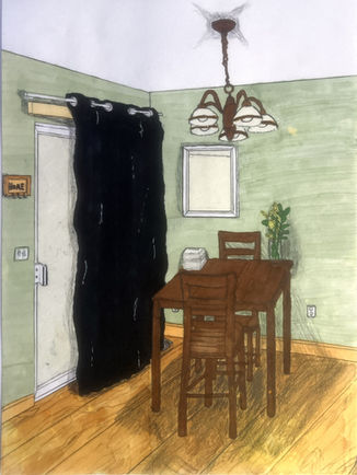Colored perspective rendering of a residential dining room.