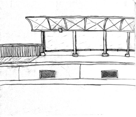 Perspective sketch of an outdoor canopy structure supported by columns with truss framing and surrounding site elements.