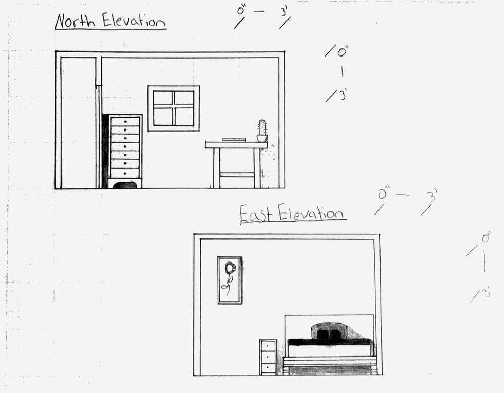 Interior elevation drawings of a residential bedroom and workspace.