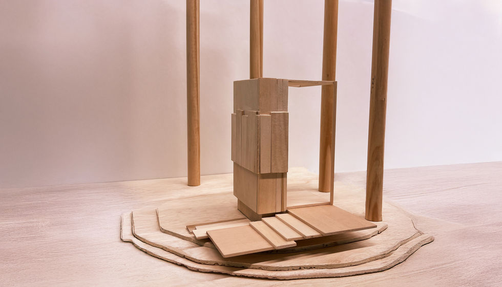 Final basswood physical model of the serenity shelter emphasizing structural clarity, layered floor plates, and the relationship between enclosure and landscape.