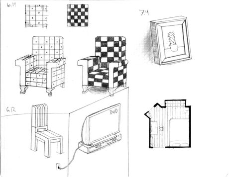 Hand-rendered furniture studies including chairs, television, framed artwork, and a simple floor plan.