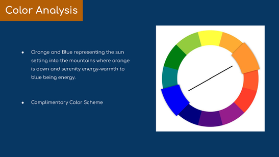 Presentation board analyzing complementary blue and orange colors using a color wheel and project color rationale.