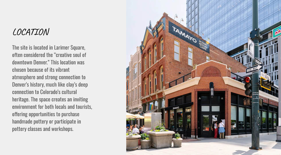 Presentation board showing the selected Larimer Square site with written location analysis and contextual photography.