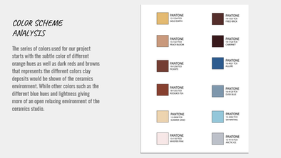 Presentation board displaying Pantone color palette with warm clay tones and cool blue accents for the ceramic's studio.