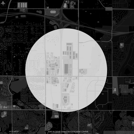Regional analytical map showing the AWS DEN3 fulfillment center within surrounding transportation and urban infrastructure.