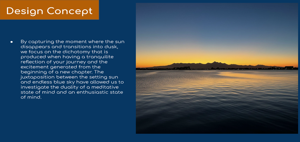 Presentation board illustrating the lighting concept with a sunset photograph and written design narrative explaining the inspiration behind the project.